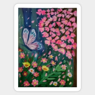 Butterfly feeding off a lovely bright flowers around him . Sticker